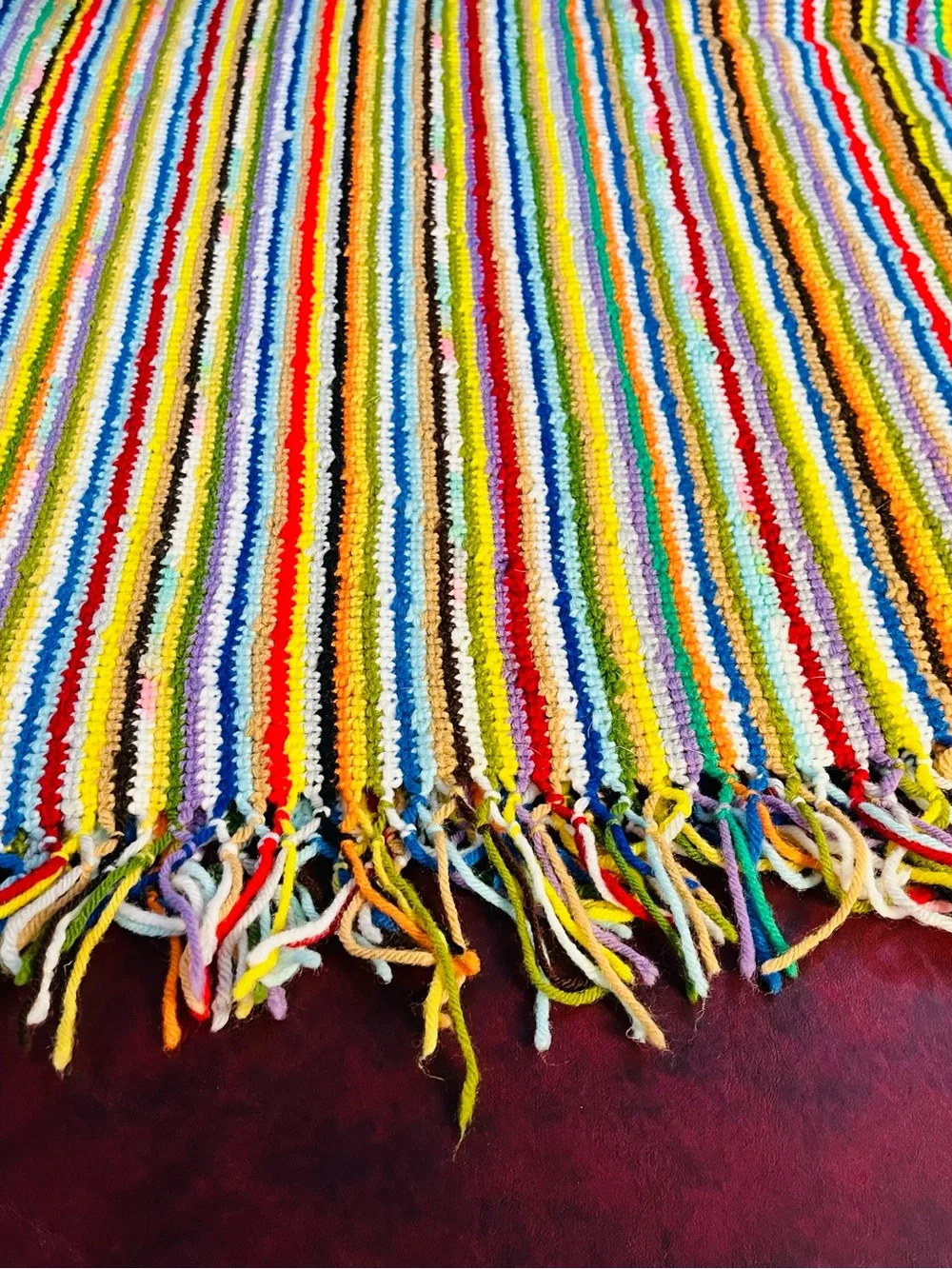 Vintage Handmade Crochet Afghan Blanket Multi Color Striped Boho 48”x52”